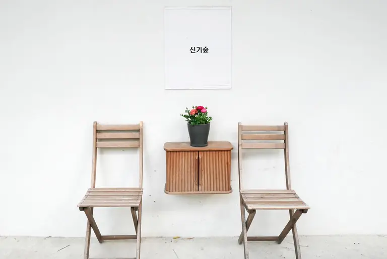 Simple minimalist interior setup with wooden chairs, cabinet, and potted plant against a white wall.